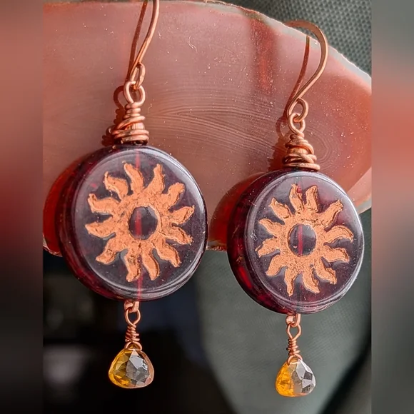 Celestial Sun Earrings Artisan Crafted Copper Wrap Congnac Citrine Drops - Picture 9 of 16